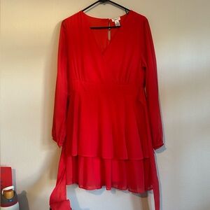 Ruffled Beautiful Long Sleeved Red Dress